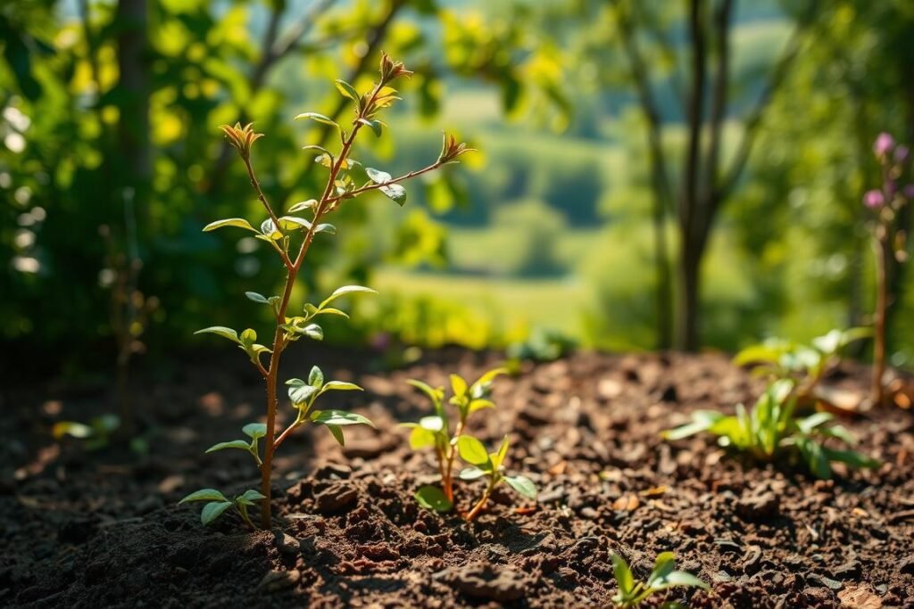 A lush, verdant garden setting with a young, healthy Ash tree sapling taking root in the foreground. The tree's delicate branches and leaves gently sway in a soft breeze, casting dappled shadows on the rich, loamy soil below. In the middle ground, step-by-step instructions unfold, guiding the viewer through the planting process - from digging the hole to backfilling and mulching. The background is a serene landscape, perhaps a rolling hillside or a tranquil forest, conveying a sense of harmony and growth. Warm, natural lighting accentuates the vibrant greens and browns, creating an inviting, educational atmosphere.