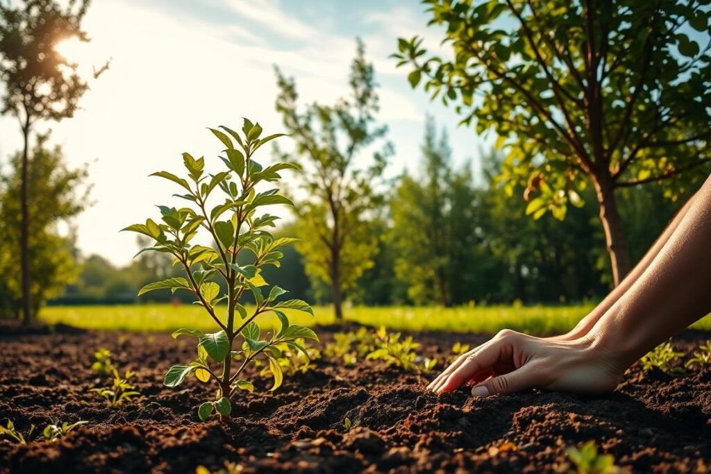 A lush, verdant garden setting with a young laurel tree in the foreground, its vibrant green leaves gently swaying in a soft breeze. The tree is being carefully planted, with a person's hands visible working the soil, adding nutrient-rich compost and securing the sapling's roots. In the middle ground, additional laurel trees of varying sizes stand tall, their branching forms creating a sense of depth and established growth. The background features a sunny, open sky with wispy clouds, creating a serene, peaceful atmosphere. Warm, golden lighting casts a natural glow over the scene, highlighting the intricate textures of the soil, leaves, and bark. The overall composition conveys the step-by-step process of planting a laurel tree, from the initial sapling to the mature, thriving specimens.