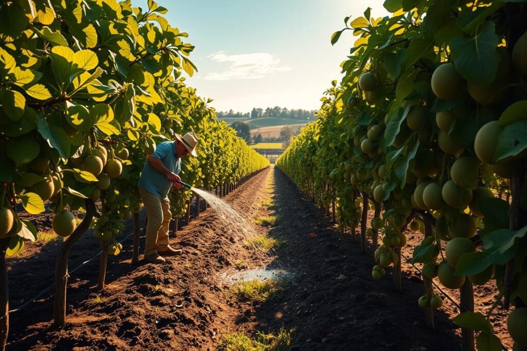 A lush, verdant kiwi orchard bathed in warm, golden afternoon sunlight. In the foreground, a farmer carefully waters a row of thriving kiwi vines, the soil dark and moist around their bases. Farther back, more rows of kiwi plants, their leaves rustling gently in a light breeze. In the middle ground, a wooden trellis system supports the vines, their fruit-laden tendrils cascading downwards. The background is a scenic rural landscape, rolling hills dotted with trees and a clear blue sky overhead. The overall scene conveys a sense of peaceful productivity, the essential process of nurturing and sustaining the growth of these delectable kiwi plants.
