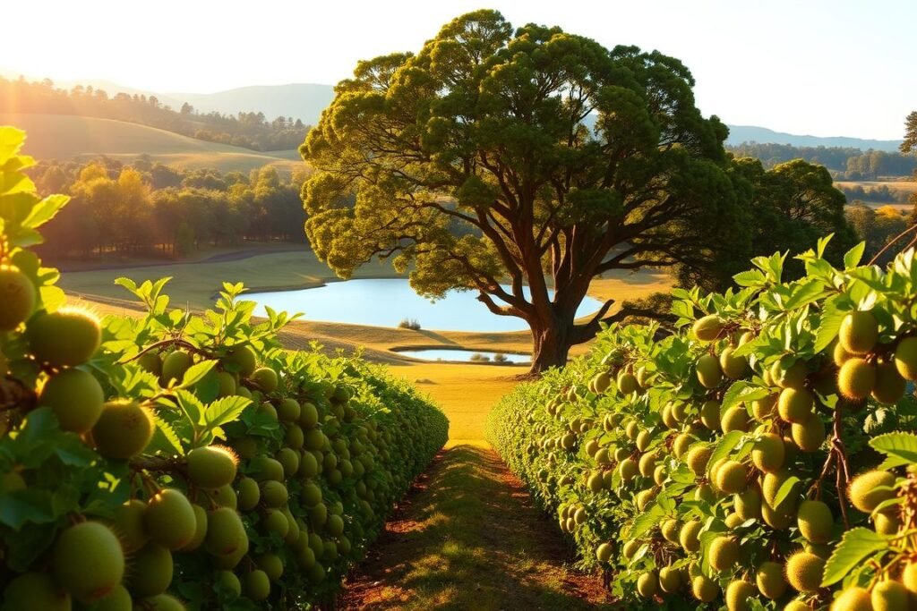 A lush, verdant kiwi orchard bathed in warm, golden sunlight. In the foreground, rows of thriving kiwi vines with large, fuzzy green fruit hang from sturdy, well-trellised branches. The middle ground showcases the natural landscape, with rolling hills and a tranquil pond reflecting the azure sky. Towering, majestic trees line the perimeter, providing a sense of depth and a sheltered, serene environment. The overall scene conveys the ideal conditions for cultivating kiwis - a rich, fertile soil, ample sunlight, and a temperate, sheltered microclimate.