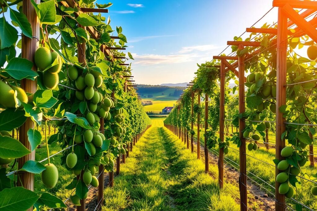 A lush, verdant kiwi orchard, with intricate kiwi support systems prominently featured in the foreground. Sturdy wooden trellises and wire frames hold the vines aloft, their leaves and fruit cascading gracefully. In the middle ground, rows of carefully tended kiwi plants stretch out, their fuzzy green orbs peeking through the foliage. The background showcases a tranquil countryside setting, with rolling hills, a distant farmhouse, and a clear blue sky overhead, bathed in warm, golden afternoon light. The overall scene conveys a sense of careful cultivation and harmony between the kiwis and their supporting structures.
