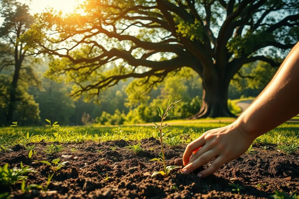 A lush, verdant landscape bathed in soft, golden sunlight. In the foreground, a person carefully plants a young oak sapling, their hands delicately working the soil. In the middle ground, a sprawling oak tree stands proudly, its branches casting dappled shadows on the ground below. In the background, a tranquil forest scene unfolds, with towering oaks and a serene, winding path leading into the distance. The composition emphasizes the harmony between man and nature, the importance of proper planting techniques, and the majestic beauty of the oak tree in its ideal environment.