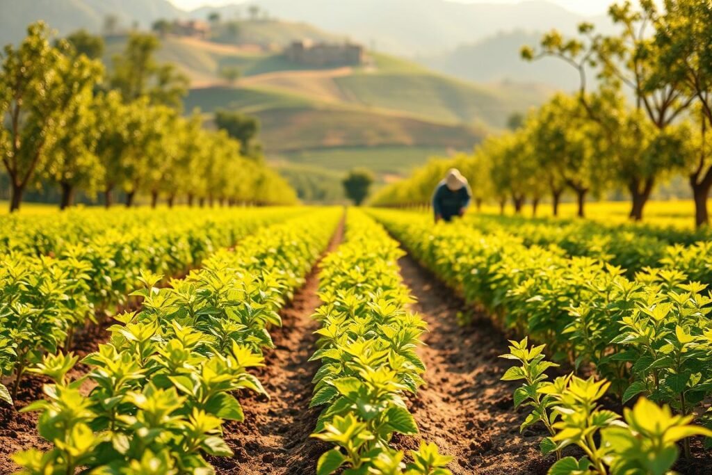 A lush, verdant landscape in the peak of the mulberry planting season. In the foreground, rows of young mulberry saplings sway gently in a soft breeze, their fresh green leaves shimmering in the warm sunlight. The middle ground features a farmer carefully tending to the plants, examining the soil and ensuring proper irrigation. In the background, rolling hills dotted with mature mulberry trees provide a picturesque backdrop, their branches heavy with the promise of a bountiful harvest. The scene is bathed in a golden, soft-focus glow, evoking a sense of tranquility and the timeless rhythm of the natural world.
