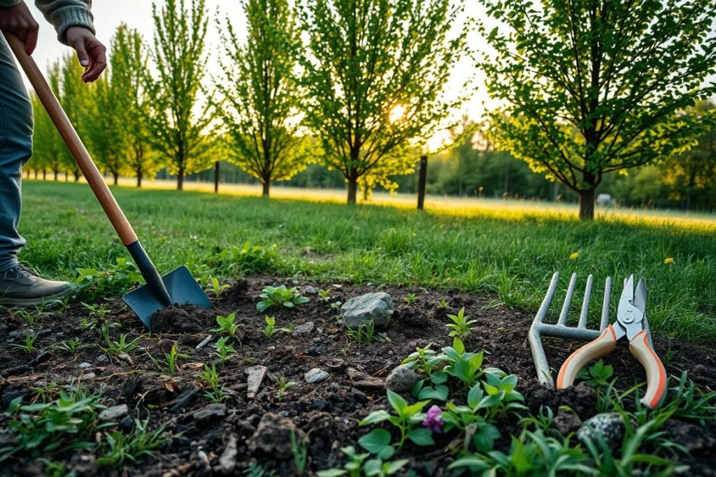 A lush, verdant landscape with a focus on the preparation of a plot of land for planting a laurel tree. In the foreground, a person is shown carefully clearing the ground, removing weeds, rocks, and debris, ensuring the soil is loose and ready for planting. The middle ground features tools such as a spade, rake, and pruning shears, neatly arranged, signifying the care and attention being given to this task. In the background, a row of mature laurel trees stands tall, casting a gentle, warm light across the scene. The overall atmosphere is one of tranquility and anticipation, as the viewer can almost feel the anticipation of the upcoming laurel tree planting.