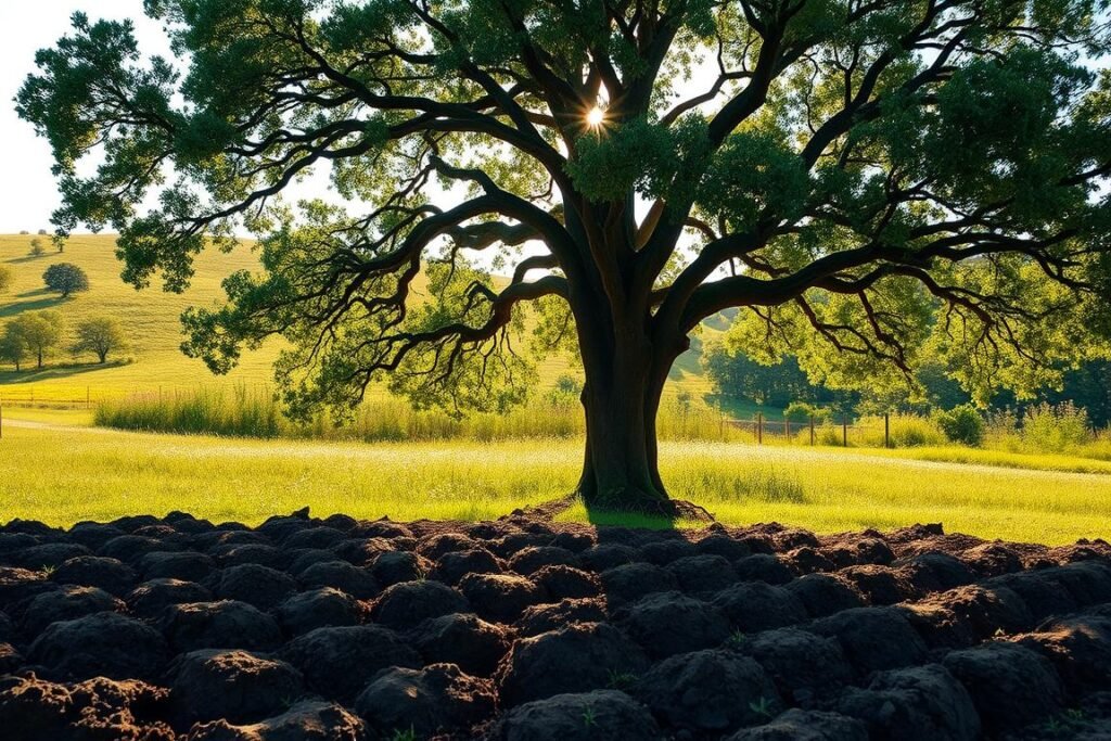 A lush, verdant landscape with a mature oak tree taking center stage. In the foreground, the soil is being carefully tilled and compacted, preparing the ground for the tree's roots to take hold. Gentle sunlight filters through the canopy, casting a warm, golden glow over the scene. In the background, a rolling hill dotted with wildflowers provides a picturesque backdrop. The composition emphasizes the importance of proper soil preparation for the successful planting and growth of the oak tree, reflecting the step-by-step process outlined in the article.