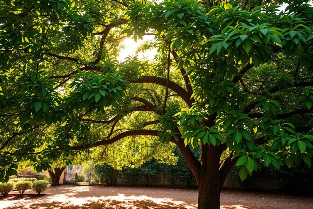 A lush, verdant laurel tree stands in a tranquil, sun-dappled garden. Soft, diffused natural light filters through the canopy, casting a warm, golden glow on the glossy, emerald foliage. The tree's graceful, dense branches arc elegantly, creating pockets of dappled shade and pools of light on the well-manicured, earthy ground below. The scene exudes a sense of serenity and natural harmony, inviting the viewer to imagine the ideal conditions for nurturing a thriving laurel specimen.