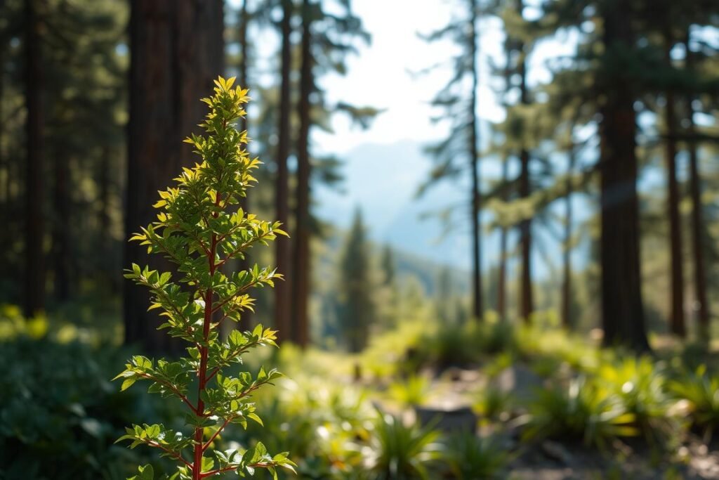A lush, verdant madroño plant standing tall and proud, its distinctive reddish-brown bark and vibrant green leaves shimmering in the soft, natural lighting of a sun-dappled forest clearing. The plant is positioned in the foreground, allowing its intricate details to be clearly visible, while the middle ground features a backdrop of towering trees and the distant hazy blue of a mountain range. The scene exudes a sense of tranquility and serenity, perfectly capturing the ideal setting for this iconic Iberian species to thrive.