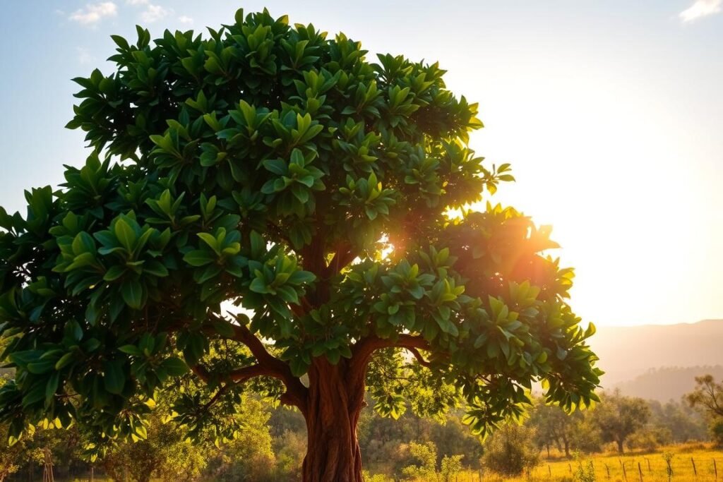 A lush, verdant madroño tree stands in the foreground, its glossy, deep-green leaves rustling gently in the soft morning breeze. The sun's warm, golden rays filter through the canopy, casting a gentle, dappled light over the scene. In the middle ground, the tree's thick, gnarled trunk rises majestically, its reddish-brown bark adding a rich, earthy tone to the composition. The background is filled with a serene, pastoral landscape, with rolling hills and a cloudless, azure sky overhead, creating a sense of tranquility and harmony. The overall mood is one of peaceful contemplation, inviting the viewer to consider the optimal time to plant and care for this majestic, native tree.