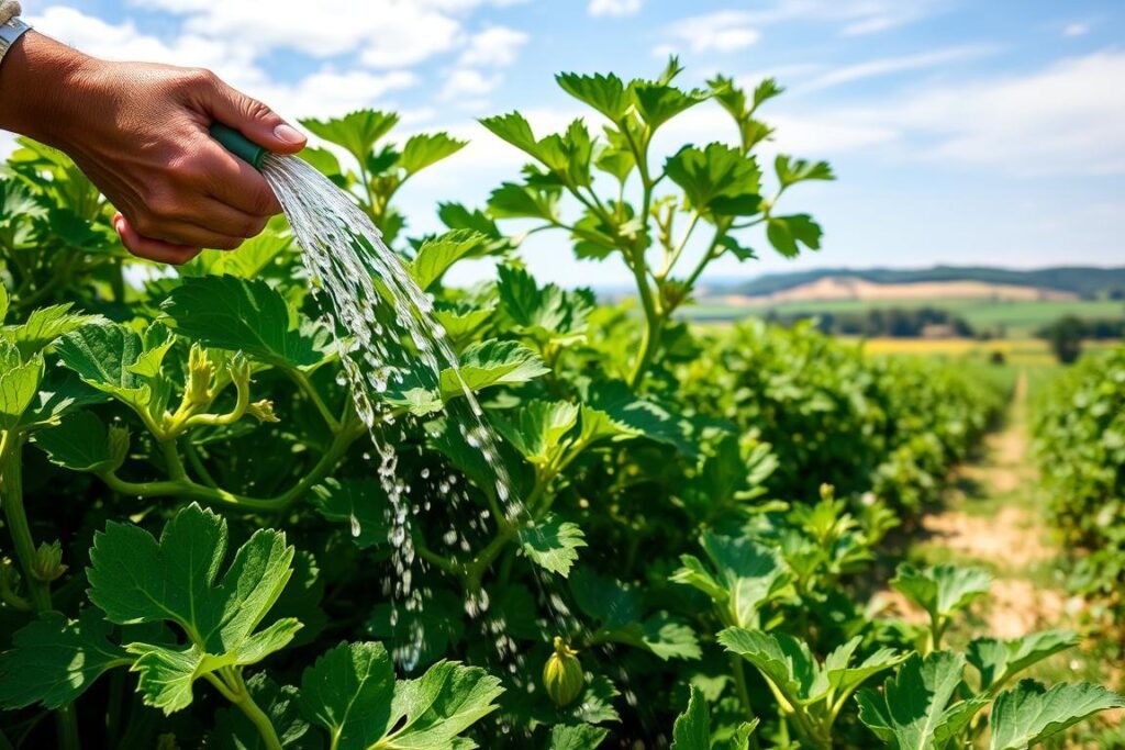 A lush, verdant melon patch on a sunny day, with water droplets glistening on the vines and leaves. In the foreground, a farmer's hand skillfully directs a gentle stream of water, nourishing the thirsty plants. The middle ground showcases the vibrant green foliage, bursting with the promise of ripe, succulent melons. In the background, a picturesque countryside landscape unfolds, with rolling hills and a clear, azure sky. The scene is captured with a soft, warm lighting that creates a sense of tranquility and abundance. The overall composition conveys the importance of proper watering for a thriving melon crop.