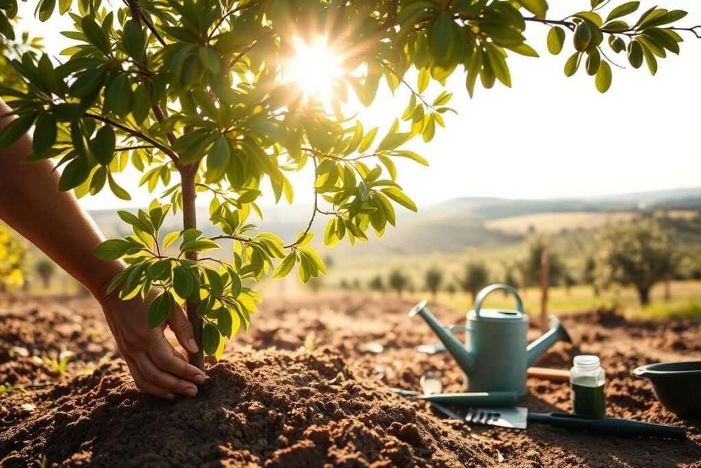 A lush, verdant scene of a young pistachio tree being carefully tended. In the foreground, a gardener's hands gently loosen the soil around the tree's base, nurturing its delicate roots. Soft, diffused light filters through the canopy above, casting a warm, golden glow. The tree's vibrant green leaves rustle gently in a light breeze, exuding a sense of tranquility. In the middle ground, a watering can and gardening tools lie nearby, ready for the next stage of care. The background features a serene countryside landscape, rolling hills dotted with olive trees and vineyards. An atmosphere of patient, attentive cultivation pervades the scene.