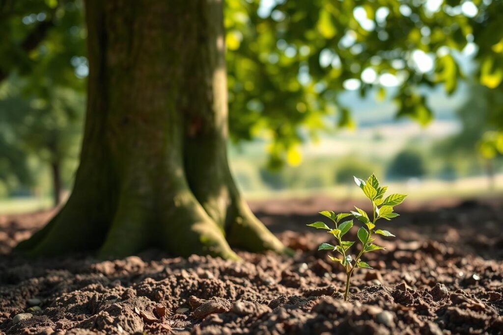 A lush, verdant walnut tree (Juglans regia) stands tall, its thick, gnarled trunk rising from a well-tilled, earthy bed. Soft, filtered sunlight dapples the scene, casting gentle shadows across the rich soil. In the foreground, a small sapling emerges, its delicate leaves unfurling with promise. The background is blurred, hinting at the tranquil countryside beyond, where the walnut tree's future home will take root. This serene, naturalistic composition captures the essence of planting a walnut tree, highlighting the necessary considerations and preparations for a successful endeavor.