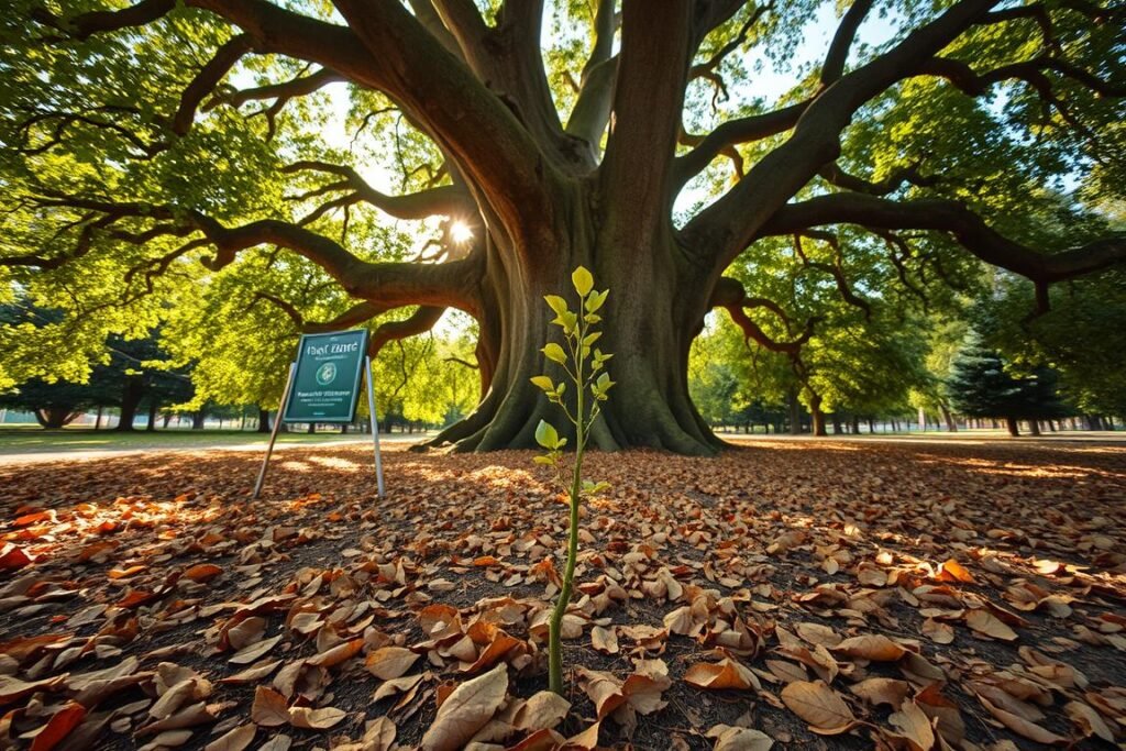 A lush, verdant walnut tree standing tall and proud, its thick, gnarled trunk and sprawling branches casting gentle shadows on the sun-dappled earth below. The ground is blanketed with a carpet of fallen leaves, their rich, earthy hues hinting at the changing seasons. In the foreground, a young sapling emerges, its delicate leaves unfurling towards the sky, a testament to the cycle of growth and renewal. The scene is bathed in warm, golden light, creating a sense of tranquility and natural harmony. Captured with a wide-angle lens, the image conveys the grandeur and timeless beauty of this majestic walnut tree, perfectly embodying the essence of "how to plant a walnut tree step by step".