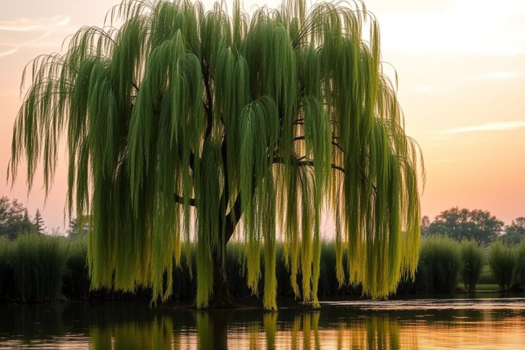 A lush, verdant weeping willow tree in full bloom, its graceful branches cascading down to meet a tranquil pond. The tree is set against a backdrop of a warm, golden-hour sky, casting a soft, ethereal glow over the scene. In the foreground, the still waters of the pond reflect the tree's delicate foliage, creating a sense of serene symmetry. The composition is balanced, with the willow's sweeping form filling the frame and drawing the viewer's eye inward. The overall mood is one of peaceful contemplation, inviting the viewer to imagine the ideal time and place to plant this iconic tree.