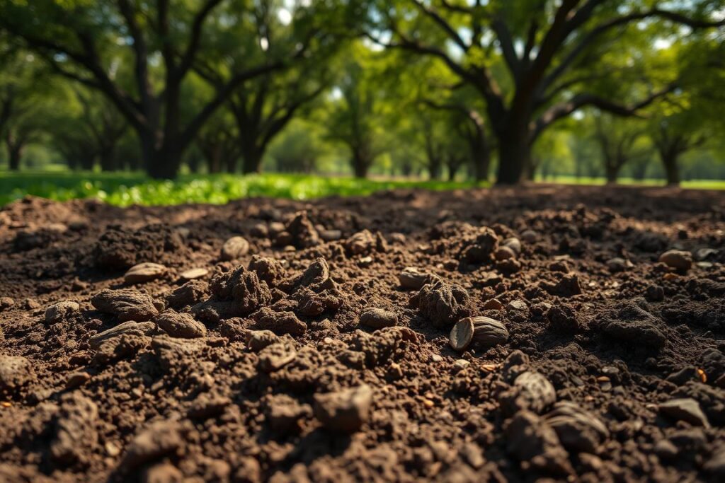 A lush, well-drained soil with rich, dark hues, perfect for nurturing a majestic walnut tree. The foreground showcases the ideal soil texture, slightly crumbly with visible organic matter, gently sloping towards a middle-ground of verdant undergrowth. In the background, a canopy of mature walnut trees casts a warm, dappled light, creating an inviting and serene atmosphere. The scene is captured with a wide-angle lens, emphasizing the depth and scale of the ideal walnut growing environment. Soft, directional lighting from the side illuminates the soil's subtle variations, highlighting its suitability for the robust and productive cultivation of the noble walnut.