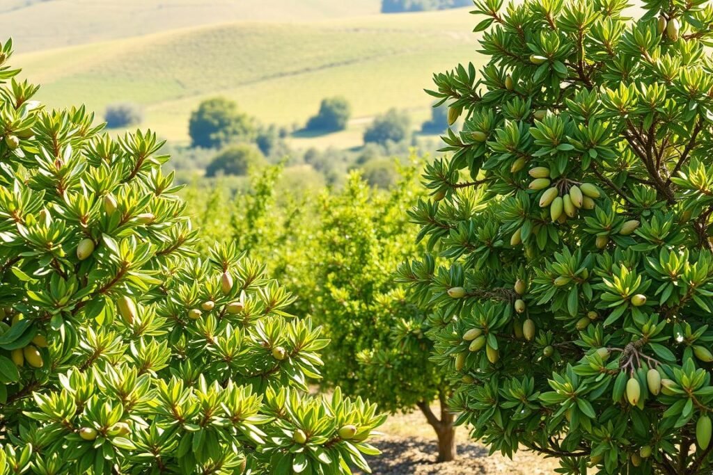 A lush, well-lit closeup shot of various species of pistachio trees (Pistacia vera) in a picturesque orchard setting. The foreground features several healthy, mature pistachio trees with their distinctive pale green leaves and nut-bearing branches. The middle ground showcases a diverse array of pistachio cultivars, each with slightly different leaf shapes, nut sizes, and trunk structures. The background gently slopes upwards, revealing a verdant, rolling landscape bathed in warm, golden sunlight. The overall scene conveys the rich variety and natural beauty of the pistachio tree, inspiring viewers to carefully consider their selection when planting their own pistachio orchard.
