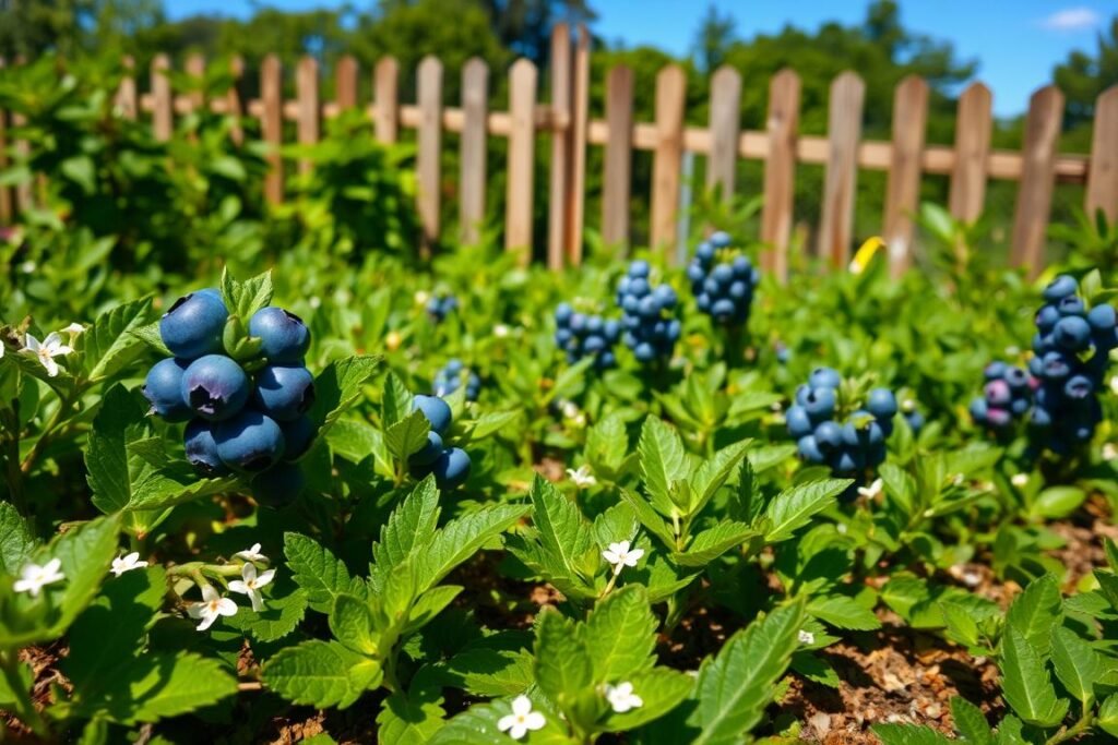 A lush, well-tended blueberry patch in a sun-dappled garden. In the foreground, vibrant green leaves and delicate white flowers dot the soil. In the middle ground, plump, ripe blueberries in shades of deep blue and purple hang in clusters, ready for harvest. The background features a wooden garden fence, weathered by time, and a backdrop of verdant trees and a clear, azure sky. The lighting is soft and natural, casting gentle shadows that accentuate the textures and colors of the scene. The overall impression is one of tranquility, abundance, and the rewarding process of growing one's own nourishing fruit.