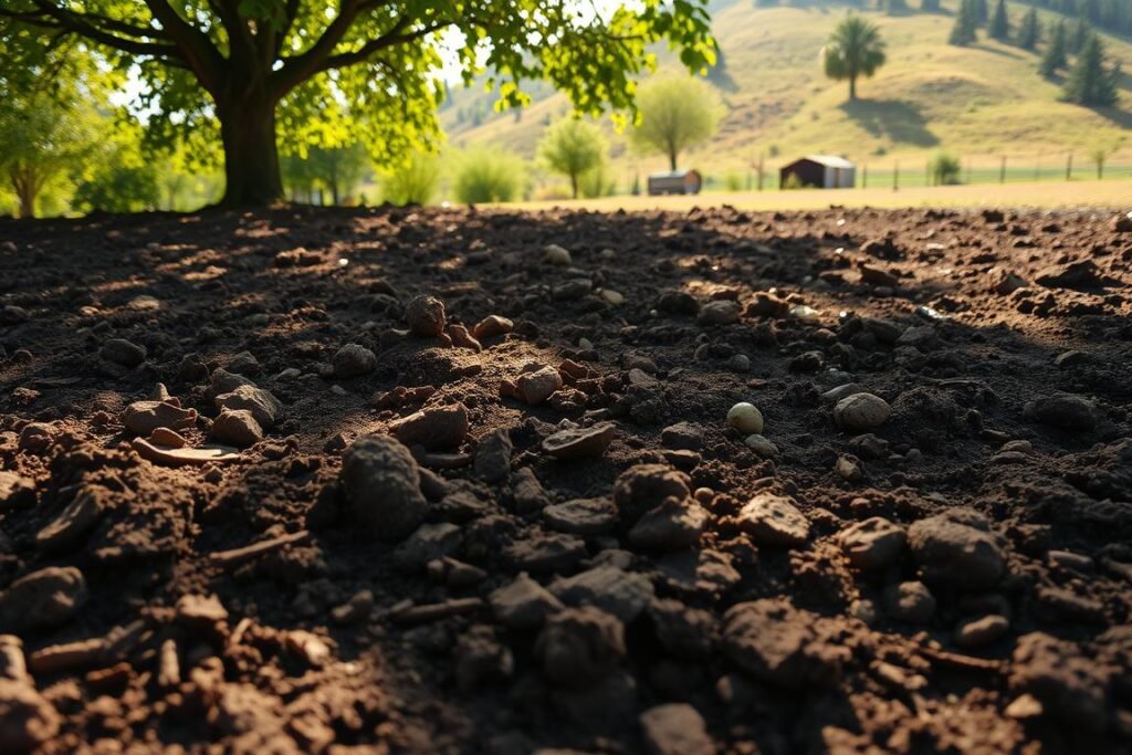A lush, well-tilled soil bed, perfect for nurturing a majestic walnut tree. The foreground showcases the rich, dark-brown hues of the loamy, nutrient-dense earth, invitingly ready to receive the sapling's roots. Sunlight filters through the canopy above, casting a warm, golden glow across the scene. In the middle ground, small rocks and pebbles are evenly distributed, providing excellent drainage for the soil. The background features a gently sloping landscape, hinting at the ideal topography for a thriving walnut orchard. This serene, picturesque setting embodies the perfect soil conditions for a successful walnut tree planting, as outlined in the step-by-step guide.