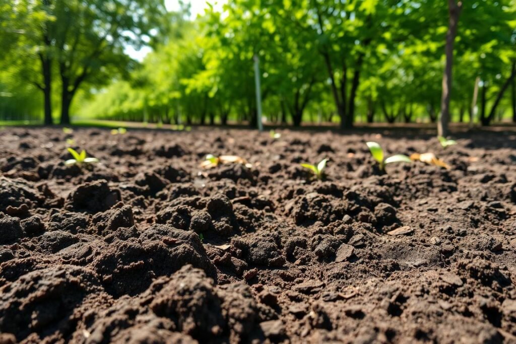 A lush, well-tilled soil bed ready for blueberry planting. The foreground showcases freshly turned dark, nutrient-rich earth, with a slight tilth and texture perfect for young blueberry roots to take hold. Subtle mounds and contours in the soil surface suggest careful preparation and attention to drainage. The middle ground features a scattering of organic matter like peat moss or compost, integrated into the soil to boost acidity and fertility. Dappled sunlight filters through a canopy of verdant, vibrant green foliage in the background, hinting at the ideal growing conditions for these delicate, antioxidant-rich berries. The scene exudes a sense of anticipation and promise, ready to nurture the next generation of thriving blueberry bushes.