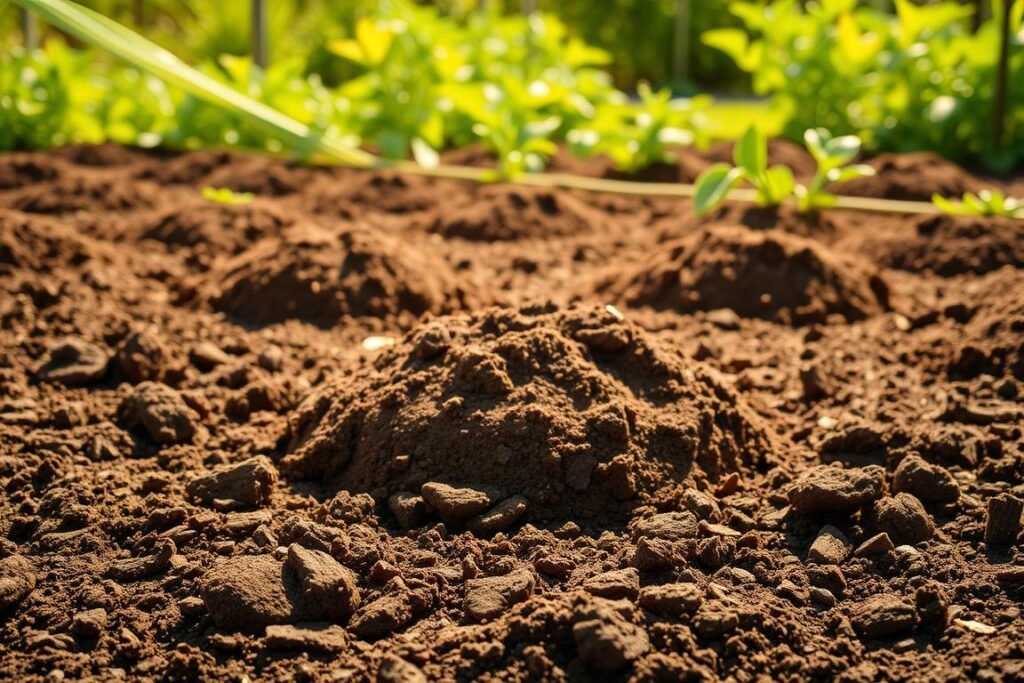 A lush, well-tilled soil bed ready for watermelon cultivation. The foreground features a rich, dark loam with visible organic matter, freshly turned and raked to a fine, crumbly texture. In the middle ground, small mounds or hills have been formed, each spaced several feet apart, providing the ideal raised planting area for watermelon vines to spread. The background showcases a verdant, sun-dappled garden setting, with a hint of other thriving vegetable plants in the periphery. Warm, diffused lighting gently illuminates the scene, casting soft shadows and creating a welcoming, nurturing atmosphere for the upcoming watermelon crop.