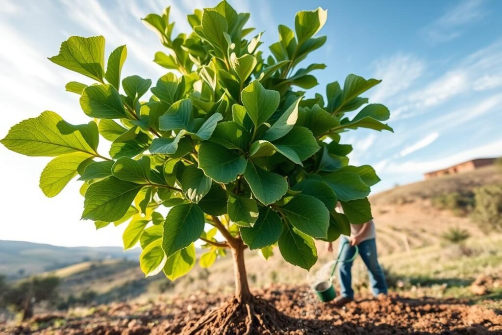 A lush, well-watered higuera (fig tree) stands prominently in the foreground, its broad leaves glistening in the soft, warm light of a Mediterranean afternoon. In the middle ground, a gardener carefully waters the soil around the tree's base, ensuring the roots are thoroughly hydrated. The background features a picturesque rural landscape, with rolling hills and a clear blue sky dotted with wispy clouds. The scene conveys a sense of tranquility and the nurturing care required to establish a thriving higuera. The image is captured with a wide-angle lens, allowing the viewer to fully immerse themselves in the serene, horticultural tableau. A lush, well-watered higuera (fig tree) stands prominently in the foreground, its broad leaves glistening in the soft, warm light of a Mediterranean afternoon. In the middle ground, a gardener carefully waters the soil around the tree's base, ensuring the roots are thoroughly hydrated. The background features a picturesque rural landscape, with rolling hills and a clear blue sky dotted with wispy clouds. The scene conveys a sense of tranquility and the nurturing care required to establish a thriving higuera. The image is captured with a wide-angle lens, allowing the viewer to fully immerse themselves in the serene, horticultural tableau.