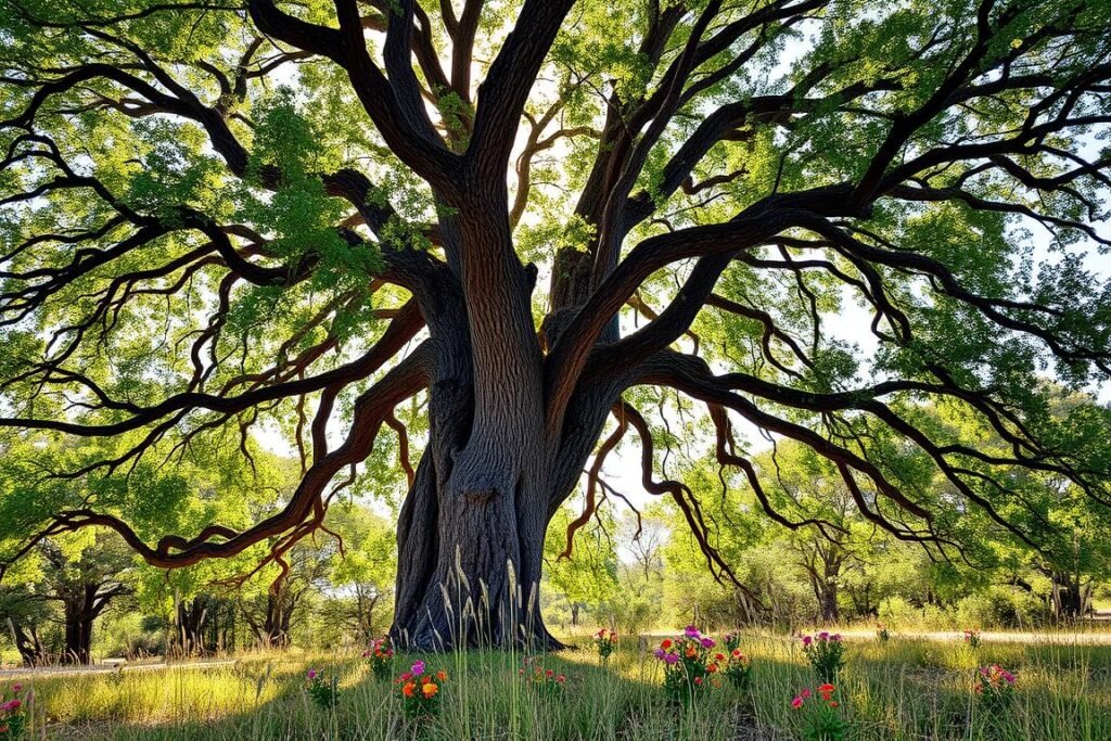 A majestic acacia tree stands tall, its lush green foliage casting dappled shadows on the ground below. The sun's warm rays filter through the delicate leaves, creating a serene and tranquil atmosphere. The trunk, twisted and gnarled, is covered in rough, textured bark, a testament to the tree's resilience and age. In the foreground, a carpet of vibrant wildflowers and soft grasses sway gently in the breeze, complementing the tree's natural beauty. The scene is captured with a wide-angle lens, allowing the viewer to fully appreciate the scale and grandeur of this iconic acacia specimen.