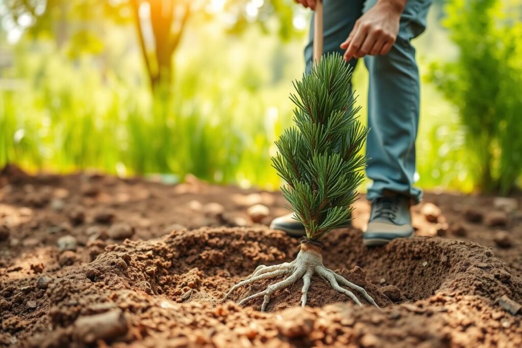A man carefully lowers a young pine tree into a freshly dug hole, its roots gently spreading as it settles into the rich, loamy soil. Sunlight filters through the canopy above, casting a warm, natural glow on the scene. The man's movements are deliberate and focused, as he ensures the tree is planted at the proper depth and orientation. In the background, a lush, verdant garden provides a serene backdrop, hinting at the tree's future growth and integration into the landscape. The image conveys a sense of reverence and attention to detail, capturing the importance of this pivotal step in the process of planting a pine tree.