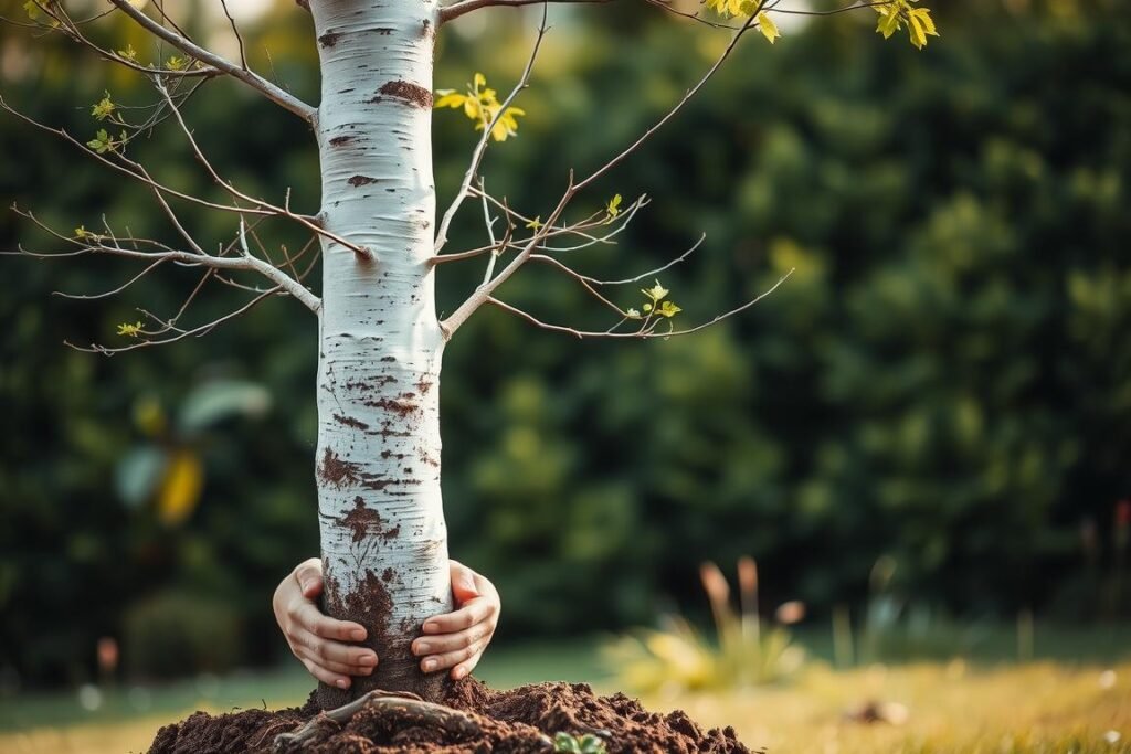 A mature, healthy birch tree (Betula pendula) stands in the center of the frame, its white bark and delicate branches contrasting against a blurred, lush green background. The tree is in the process of being carefully transplanted, with the gardener's hands gently guiding the root ball into a freshly dug hole. Soft, diffused natural lighting illuminates the scene, casting gentle shadows and highlighting the texture of the bark. The composition emphasizes the graceful form of the birch, conveying a sense of tranquility and care as the tree is relocated to its new home. The overall mood is one of reverence and environmental stewardship.