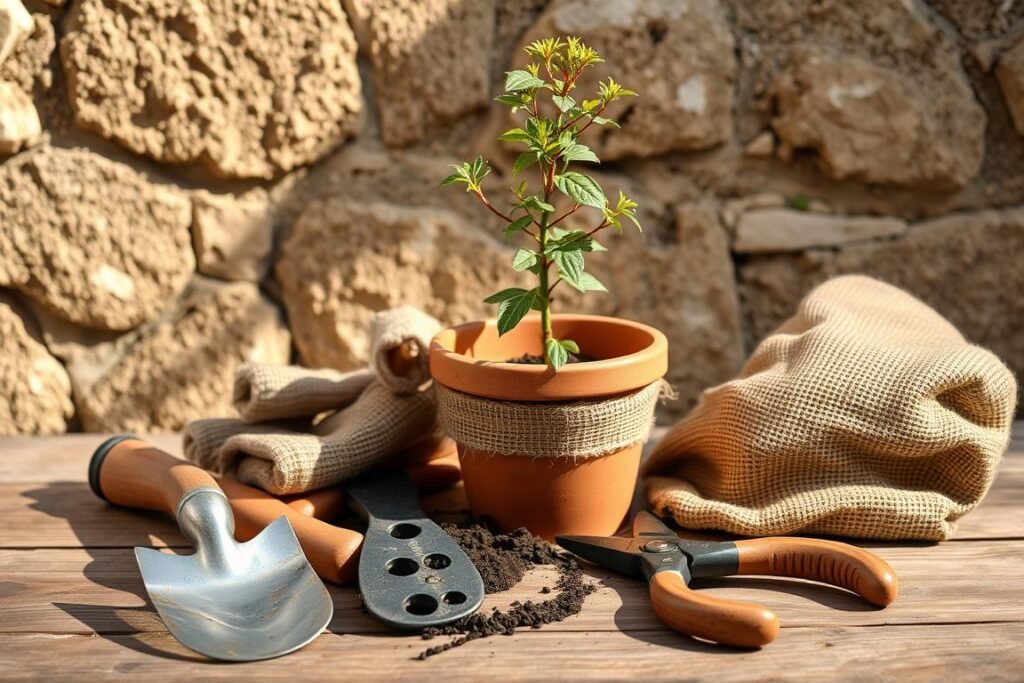 A neatly arranged assortment of gardening tools and materials for planting a carob tree (algarrobo). In the foreground, a spade, trowel, pruning shears, and a burlap sack of soil rest on a weathered wooden surface. In the middle ground, a young carob sapling stands upright in a terracotta planter, its delicate leaves and branches casting soft shadows. The background features a rustic, sun-dappled stone wall, lending an earthy, authentic atmosphere to the scene. Warm, diffused lighting illuminates the arrangement, creating a serene, naturalistic mood befitting the task of planting this hardy, drought-resistant tree.