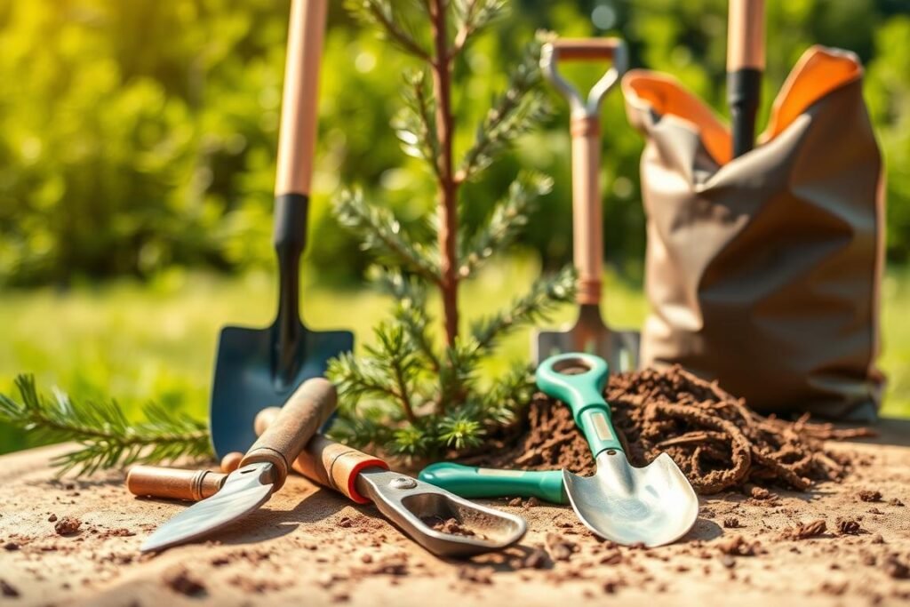 A neatly arranged collection of gardening tools for planting a pine tree, bathed in warm, natural lighting. In the foreground, a trowel, pruning shears, and a small hand shovel rest on a soft, earthy surface. In the middle ground, a large shovel and a bag of potting soil stand upright, ready for use. In the background, a lush, verdant backdrop suggests a tranquil, outdoor setting, ideal for this horticultural endeavor. The scene exudes a sense of preparedness and care, setting the stage for a successful pine tree planting.