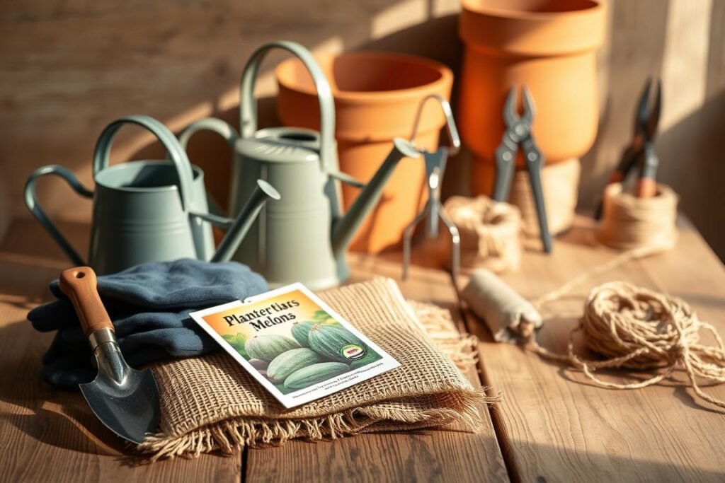 A neatly arranged still life on a rustic wooden table showcasing the essential tools for planting melons. In the foreground, a small hand trowel, gardening gloves, and a packet of melon seeds sit atop a burlap sack. In the middle ground, a watering can and a small garden fork stand upright, casting soft shadows. In the background, a terracotta planter, a pair of pruning shears, and a coil of jute twine create a sense of depth and organization. Warm, natural lighting filters in, illuminating the scene with a gentle, earthy ambiance, inviting the viewer to imagine the forthcoming melon planting process.
