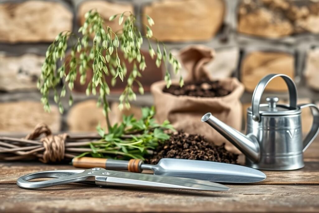 A neatly arranged still life showcasing a collection of gardening tools for planting a weeping willow tree. In the foreground, a pair of pruning shears, a trowel, and a small watering can sit atop a wooden surface, their metal surfaces gleaming under soft, natural lighting. In the middle ground, a bundle of willow tree saplings with delicate, cascading branches and a bag of potting soil create a sense of the task at hand. The background features a blurred, earthy-toned wall, emphasizing the rustic, outdoor setting. The composition conveys a sense of preparedness and attention to detail for the gardening project ahead. A neatly arranged still life showcasing a collection of gardening tools for planting a weeping willow tree. In the foreground, a pair of pruning shears, a trowel, and a small watering can sit atop a wooden surface, their metal surfaces gleaming under soft, natural lighting. In the middle ground, a bundle of willow tree saplings with delicate, cascading branches and a bag of potting soil create a sense of the task at hand. The background features a blurred, earthy-toned wall, emphasizing the rustic, outdoor setting. The composition conveys a sense of preparedness and attention to detail for the gardening project ahead.