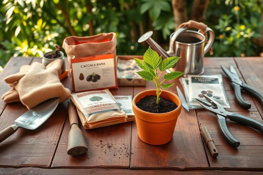 A neatly organized assortment of gardening tools and supplies laid out on a rustic wooden table, illuminated by warm, natural lighting. In the foreground, a trowel, gardening gloves, and a small bag of potting soil. In the middle ground, a young cacao seedling in a terracotta pot, surrounded by packets of seeds, a watering can, and a pair of pruning shears. The background features a lush, green backdrop, hinting at the tropical environment where cacao trees thrive. The overall scene conveys a sense of preparation and anticipation for the process of planting a cacao tree.