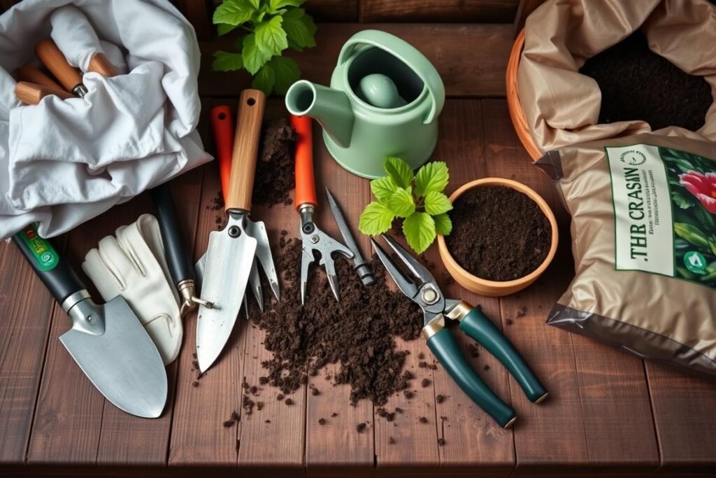 A neatly organized assortment of high-quality gardening tools and supplies on a rustic wooden surface, including a trowel, pruning shears, gloves, a watering can, and bags of potting soil, all gently illuminated by soft, natural lighting. The tools are arranged in a visually appealing manner, hinting at the care and attention required to properly plant and nurture a young Acer (maple) tree. The overall mood is one of tranquility and preparedness, setting the stage for the step-by-step process of planting this beautiful and iconic tree. A neatly organized assortment of high-quality gardening tools and supplies on a rustic wooden surface, including a trowel, pruning shears, gloves, a watering can, and bags of potting soil, all gently illuminated by soft, natural lighting. The tools are arranged in a visually appealing manner, hinting at the care and attention required to properly plant and nurture a young Acer (maple) tree. The overall mood is one of tranquility and preparedness, setting the stage for the step-by-step process of planting this beautiful and iconic tree.