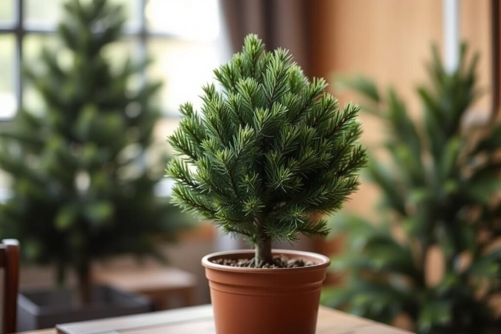 A potted evergreen fir tree, its dense green foliage reaching up towards the sky. The plant is placed on a wooden table, with a warm, natural lighting illuminating the scene. The background is blurred, allowing the focus to remain on the potted abeto, showcasing its elegant form and lush texture. The image conveys a sense of tranquility and a connection to nature, suitable for illustrating the planting of abetos in containers. A potted evergreen fir tree, its dense green foliage reaching up towards the sky. The plant is placed on a wooden table, with a warm, natural lighting illuminating the scene. The background is blurred, allowing the focus to remain on the potted abeto, showcasing its elegant form and lush texture. The image conveys a sense of tranquility and a connection to nature, suitable for illustrating the planting of abetos in containers.