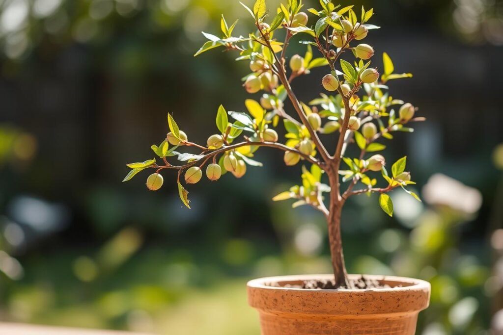 A potted hazelnut tree (avellano en maceta) stands prominently in the foreground, its vibrant green leaves and delicate branches captured in soft, natural lighting. The mid-ground features a warm, earthy-toned ceramic pot, its rough, textured surface providing a rustic contrast. In the background, a blurred, out-of-focus natural setting suggests a serene, garden-like atmosphere, with hints of greenery and a gentle, diffused light. The overall composition conveys a sense of tranquility and the joy of cultivating a thriving, potted hazelnut plant. A potted hazelnut tree (avellano en maceta) stands prominently in the foreground, its vibrant green leaves and delicate branches captured in soft, natural lighting. The mid-ground features a warm, earthy-toned ceramic pot, its rough, textured surface providing a rustic contrast. In the background, a blurred, out-of-focus natural setting suggests a serene, garden-like atmosphere, with hints of greenery and a gentle, diffused light. The overall composition conveys a sense of tranquility and the joy of cultivating a thriving, potted hazelnut plant.