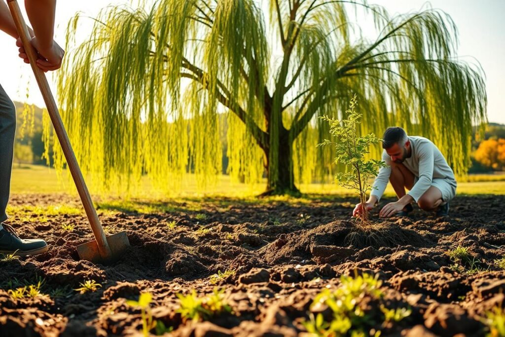 A scenic landscape depicting the step-by-step process of planting a weeping willow tree. In the foreground, a person is carefully digging a hole in the moist, fertile soil. In the middle ground, another person is delicately placing the sapling's roots into the hole, ensuring they are positioned correctly. In the background, a fully grown weeping willow tree sways gently in a light breeze, its cascading branches creating a serene, tranquil atmosphere. The scene is bathed in warm, golden sunlight, casting long shadows and highlighting the lush, verdant foliage. The overall mood is one of peaceful, natural harmony, inviting the viewer to imagine the satisfying process of nurturing a young tree into maturity. A scenic landscape depicting the step-by-step process of planting a weeping willow tree. In the foreground, a person is carefully digging a hole in the moist, fertile soil. In the middle ground, another person is delicately placing the sapling's roots into the hole, ensuring they are positioned correctly. In the background, a fully grown weeping willow tree sways gently in a light breeze, its cascading branches creating a serene, tranquil atmosphere. The scene is bathed in warm, golden sunlight, casting long shadows and highlighting the lush, verdant foliage. The overall mood is one of peaceful, natural harmony, inviting the viewer to imagine the satisfying process of nurturing a young tree into maturity.