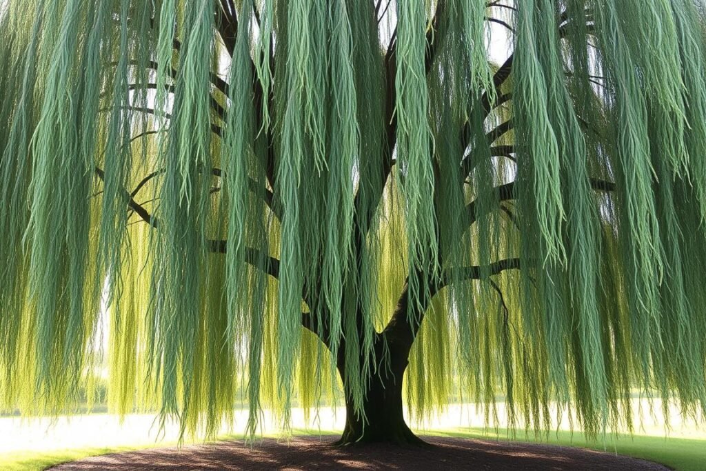 A serene and lush weeping willow tree (Salix babylonica) stands majestically, its graceful, cascading branches creating a tranquil, shaded oasis. The tree is situated in a peaceful, natural setting, with a well-drained, moist soil at its base. Soft, diffused sunlight filters through the delicate, drooping foliage, casting a warm, inviting glow. The scene conveys a sense of tranquility and harmony, perfectly suited for the selected location to plant a thriving weeping willow. A serene and lush weeping willow tree (Salix babylonica) stands majestically, its graceful, cascading branches creating a tranquil, shaded oasis. The tree is situated in a peaceful, natural setting, with a well-drained, moist soil at its base. Soft, diffused sunlight filters through the delicate, drooping foliage, casting a warm, inviting glow. The scene conveys a sense of tranquility and harmony, perfectly suited for the selected location to plant a thriving weeping willow.