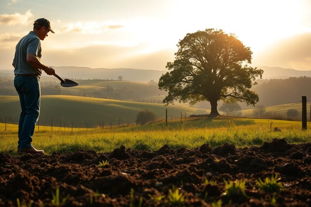 A serene countryside scene depicting the preparation of soil for planting an oak tree. In the foreground, a gardener carefully tills the earth with a spade, turning over the rich, dark soil. The middle ground showcases a lush, verdant landscape with rolling hills and the silhouette of an oak tree in the distance. Warm, golden sunlight filters through wispy clouds, casting a gentle glow over the entire scene. The atmosphere exudes a sense of tranquility and anticipation, as the gardener's actions lay the foundation for the growth of the majestic oak. The image is captured with a wide-angle lens, offering a panoramic view that invites the viewer to immerse themselves in the serene rural setting.