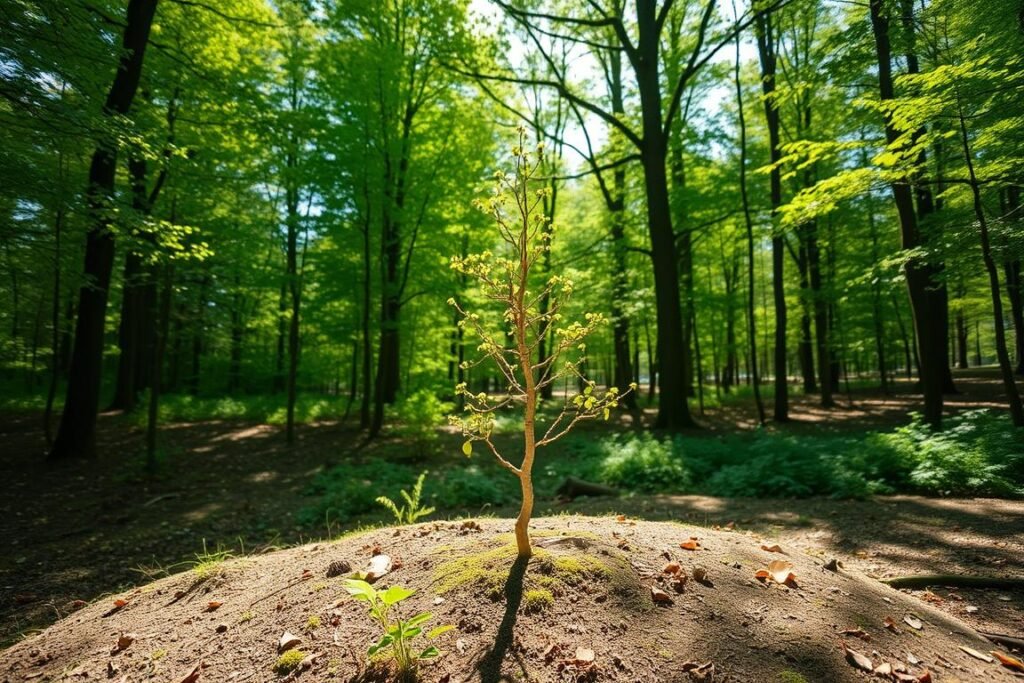 A serene, sun-dappled forest clearing, with a gentle slope and well-drained soil, providing the perfect spot to plant a young birch tree. The lush, verdant foliage of the surrounding trees creates a peaceful ambiance, while the dappled sunlight filters through the canopy, casting a warm, natural glow. The ground is covered in a soft layer of moss and fallen leaves, creating a picturesque scene that invites contemplation and connection with nature. The composition features a clear focal point in the center, where the young birch sapling will be planted, with the surrounding landscape providing a harmonious and visually striking backdrop.