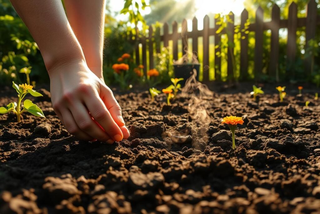 A serene sunlit garden, the soil freshly tilled, ready to receive the delicate marigold seeds. Gentle hands carefully place each seed into the earth, mindful of the perfect depth and spacing. Wisps of steam rise from the damp soil, the warm air carrying the earthy scent of new growth. Rays of light filter through the lush foliage, casting a soft, golden glow over the scene. In the background, a wooden fence frames the verdant landscape, hinting at the tranquil surroundings. This intimate moment of planting captures the essence of the marigold's lifecycle, a symphony of nature's rhythms. A serene sunlit garden, the soil freshly tilled, ready to receive the delicate marigold seeds. Gentle hands carefully place each seed into the earth, mindful of the perfect depth and spacing. Wisps of steam rise from the damp soil, the warm air carrying the earthy scent of new growth. Rays of light filter through the lush foliage, casting a soft, golden glow over the scene. In the background, a wooden fence frames the verdant landscape, hinting at the tranquil surroundings. This intimate moment of planting captures the essence of the marigold's lifecycle, a symphony of nature's rhythms.
