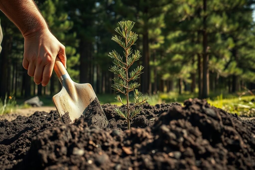 A serene, sunlit scene of a man digging a hole to plant a young pine tree. The foreground showcases the man's weathered hands carefully shoveling the dark, nutrient-rich soil, exposing the earth's layers. The middle ground features the sapling, its delicate branches reaching towards the sky, ready to be nestled into its new home. In the background, a lush, verdant forest of mature pines stands tall, casting gentle shadows across the tranquil scene. The lighting is soft and natural, highlighting the tactile textures of the soil, bark, and foliage. A sense of anticipation and care permeates the atmosphere, as the man prepares to tenderly plant the young pine, nurturing its growth for years to come.