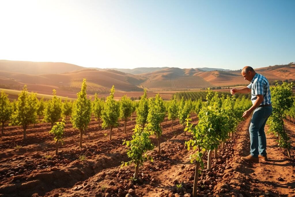 A sprawling pistachio orchard set against a serene countryside landscape. In the foreground, a farmer examines the soil, evaluating its fertility and drainage for optimal pistachio cultivation. The middle ground features rows of young pistachio trees, their vibrant green foliage swaying gently in the breeze. In the background, rolling hills dotted with olive groves and vineyards create a picturesque, Mediterranean-inspired setting. Warm, golden sunlight bathes the scene, casting soft shadows and lending an air of tranquility. The composition emphasizes the importance of carefully selecting the right location and soil conditions for a thriving pistachio plantation.