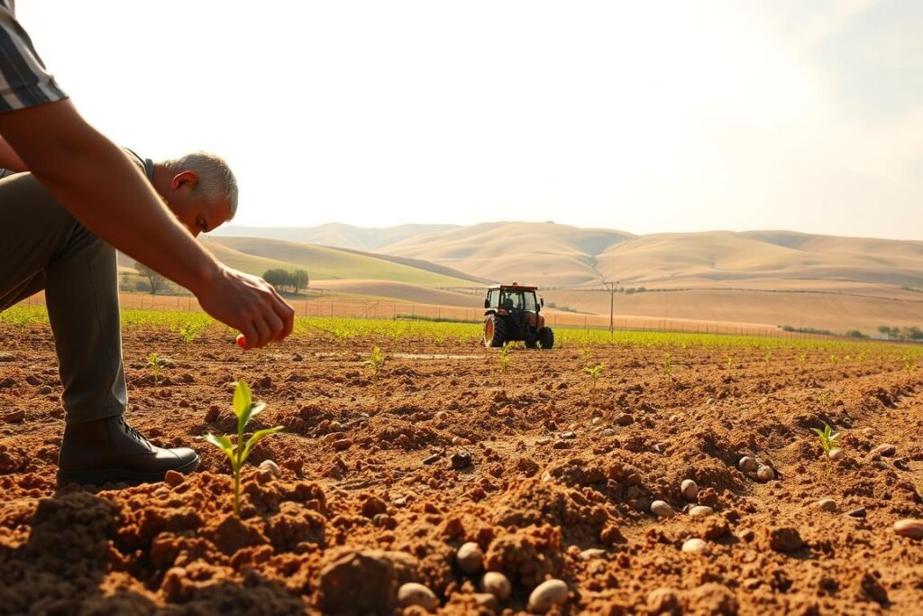 A sprawling, sun-drenched field dotted with freshly turned soil, ready for the planting of pistachio seedlings. In the foreground, a farmer inspects the earth, gauging its texture and moisture with calloused hands. In the middle ground, a small tractor stands at the ready, its engine idling, waiting to carve neat rows for the delicate saplings. The background frames a rolling landscape of gently undulating hills, their slopes painted in the vibrant greens and golds of a Mediterranean countryside. Warm, diffused light filters through wispy clouds, casting a soft, natural glow over the entire scene. A sense of anticipation and potential hangs in the air, as the land prepares to welcome its newest inhabitants - the resilient, drought-resistant pistachio trees.