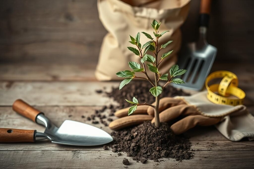 A still life scene capturing the essential materials and tools for planting a walnut tree. In the foreground, a trowel, gardening gloves, and a small sapling walnut tree with delicate leaves and a sturdy trunk. In the middle ground, a bag of potting soil, a shovel, and a measuring tape. The background features a wooden work table with a neutral, slightly muted color palette, creating a sense of rustic simplicity. The lighting is soft and diffused, accentuating the natural textures and details of the scene. The overall mood is one of quiet preparedness, inviting the viewer to envision the steps of planting a walnut tree.
