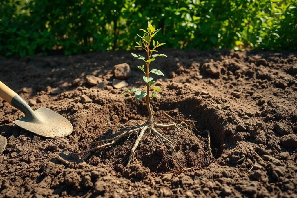 A sunlit dirt pit with a young algarrobo tree sapling carefully planted at the center, surrounded by freshly turned earth and scattered roots. The foreground shows the intricate process of digging the planting hole, with a spade and gardening tools visible. The middle ground depicts the algarrobo seedling's delicate root system being gently placed into the prepared soil. The background features lush greenery, casting a natural, earthy ambiance over the scene. Soft, diffused lighting illuminates the composition, highlighting the textures of the soil and the vibrant foliage. The overall mood evokes the thoughtful, hands-on approach to planting an algarrobo tree.