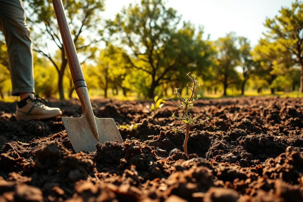 A sunny day in a lush garden, the soil freshly turned, ready to receive a young acacia sapling. In the foreground, a worker carefully digs a hole, their shovel biting into the rich, dark earth. The mid-ground features the sapling, its delicate branches and thorns hinting at the resilient nature of the tree to come. The background showcases a verdant backdrop of mature acacias, their canopies casting dappled shadows over the scene. Warm, golden lighting filters through the leaves, creating a serene and inviting atmosphere. The composition emphasizes the process of planting, capturing the moment of preparation and anticipation for the growth of the new tree. A sunny day in a lush garden, the soil freshly turned, ready to receive a young acacia sapling. In the foreground, a worker carefully digs a hole, their shovel biting into the rich, dark earth. The mid-ground features the sapling, its delicate branches and thorns hinting at the resilient nature of the tree to come. The background showcases a verdant backdrop of mature acacias, their canopies casting dappled shadows over the scene. Warm, golden lighting filters through the leaves, creating a serene and inviting atmosphere. The composition emphasizes the process of planting, capturing the moment of preparation and anticipation for the growth of the new tree.