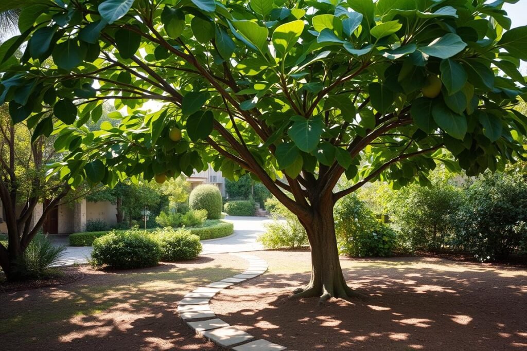 A tranquil, sun-dappled garden setting with a well-established fig tree taking center stage. The tree's broad, lush canopy casts gentle shadows on the fertile, well-drained soil below, creating an ideal microclimate for the fig's thriving growth. In the middle ground, a meandering stone pathway leads the eye towards the tree, inviting the viewer to appreciate its serene presence. The background features a harmonious blend of verdant foliage and subtle architectural elements, suggesting a sheltered, Mediterranean-inspired ambiance. Warm, diffused lighting filters through the branches, accentuating the fig tree's textured bark and glossy, heart-shaped leaves. An atmosphere of peace and suitability pervades the scene, conveying the perfect location for cultivating a thriving fig tree. A tranquil, sun-dappled garden setting with a well-established fig tree taking center stage. The tree's broad, lush canopy casts gentle shadows on the fertile, well-drained soil below, creating an ideal microclimate for the fig's thriving growth. In the middle ground, a meandering stone pathway leads the eye towards the tree, inviting the viewer to appreciate its serene presence. The background features a harmonious blend of verdant foliage and subtle architectural elements, suggesting a sheltered, Mediterranean-inspired ambiance. Warm, diffused lighting filters through the branches, accentuating the fig tree's textured bark and glossy, heart-shaped leaves. An atmosphere of peace and suitability pervades the scene, conveying the perfect location for cultivating a thriving fig tree.