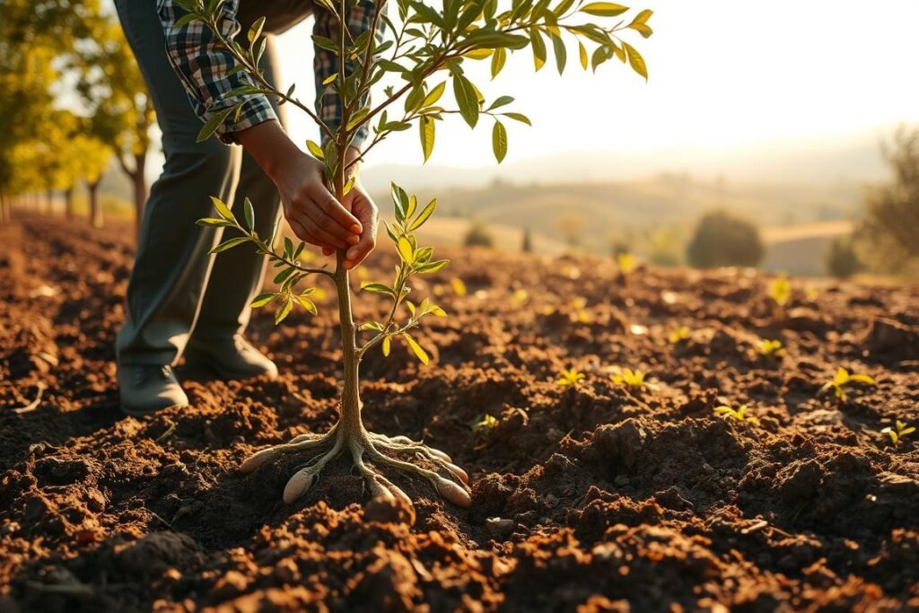 A verdant garden, the soil freshly tilled, awaits the planting of a young almond tree. In the foreground, a worker carefully positions the sapling, its delicate roots spread outward, as they gently lower it into the prepared hole. Warm, diffused sunlight filters through the canopy overhead, casting a soft, golden glow over the scene. The worker's movements are precise, their hands guiding the tree with a practiced touch, ensuring its proper placement for a strong, healthy start. In the background, a picturesque landscape unfolds, rolling hills dotted with olive trees and the distant, hazy silhouettes of the mountains. This serene, bucolic setting perfectly captures the step-by-step process of planting an almond tree, a vital stage in the journey towards a bountiful harvest.