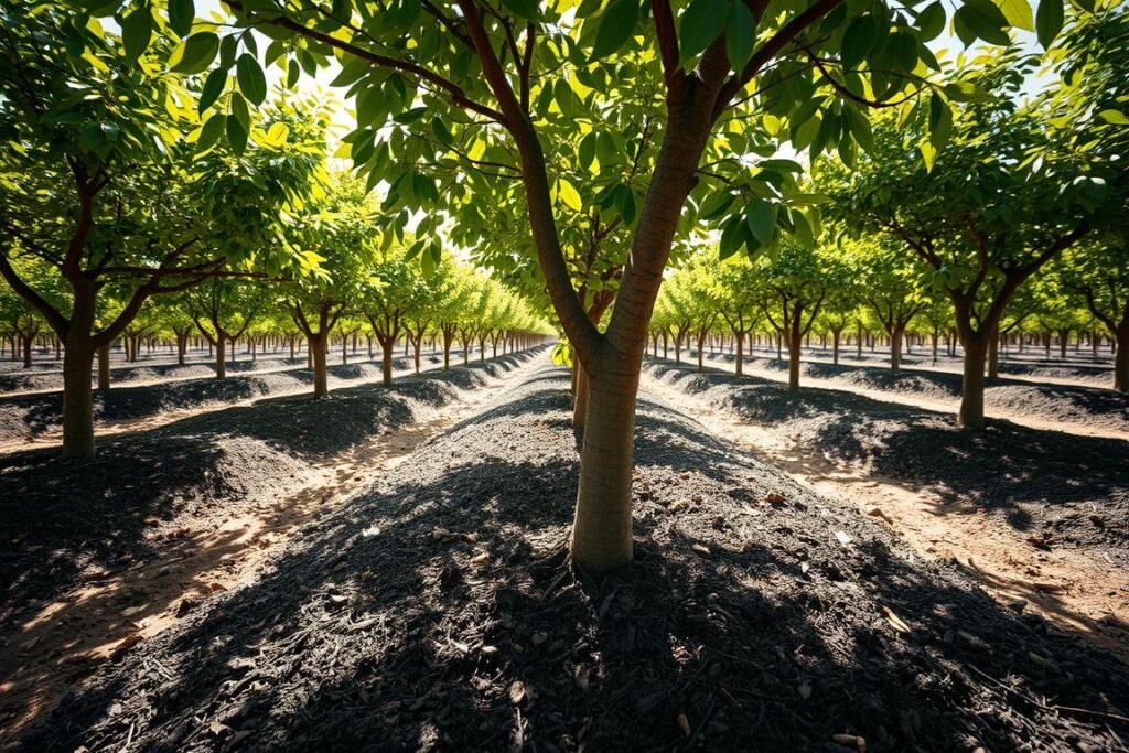 A vibrant almond tree orchard with a lush, healthy canopy, the soil around the base freshly tilled and covered in a layer of dark mulch. In the foreground, the gnarled trunk of a young almond sapling, its roots nourished by the recent watering and insulation provided by the acolchado. Dappled sunlight filters through the leaves, casting a warm, natural glow over the scene. The camera angles slightly upwards, capturing the tree's stately presence amidst the orderly rows of its companions. An atmosphere of new growth, vitality, and careful cultivation pervades the image, reflecting the step-by-step process of planting an almond tree.