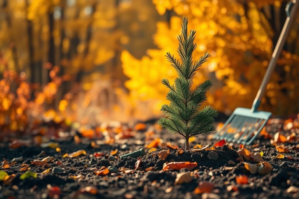 A vibrant autumn landscape, featuring a young fir tree being carefully planted against a backdrop of golden foliage. Warm, diffused lighting casts a soft glow, creating a serene, contemplative atmosphere. The foreground shows the delicate process of loosening the soil, placing the sapling, and gently tamping down the earth around it. In the middle ground, fallen leaves and a rake hint at the changing seasons. The background is a blurred tapestry of autumnal hues - ochre, russet, and crimson. The overall scene conveys the tranquil, nurturing act of planting a tree in the heart of the fall. A vibrant autumn landscape, featuring a young fir tree being carefully planted against a backdrop of golden foliage. Warm, diffused lighting casts a soft glow, creating a serene, contemplative atmosphere. The foreground shows the delicate process of loosening the soil, placing the sapling, and gently tamping down the earth around it. In the middle ground, fallen leaves and a rake hint at the changing seasons. The background is a blurred tapestry of autumnal hues - ochre, russet, and crimson. The overall scene conveys the tranquil, nurturing act of planting a tree in the heart of the fall.